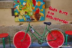 Glückwunschkarte Geburtstag Fahrrad mit Melonenreifen