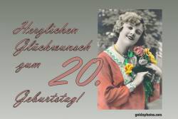 Karte zum 20. Geburtstag Frau Blumenstrauß Antik