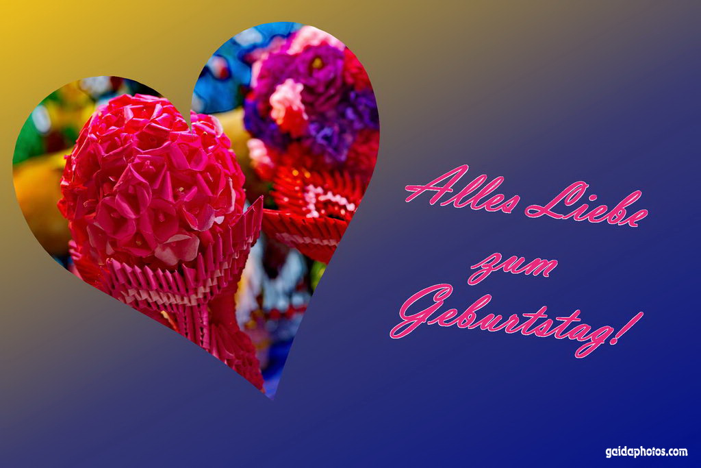 Karte zum Geburtstag, Papierblumen, Herz
