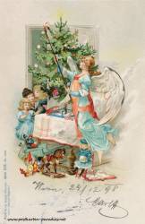 Weihnachtskarte: Engel, Kinder, Bescherung, 1898